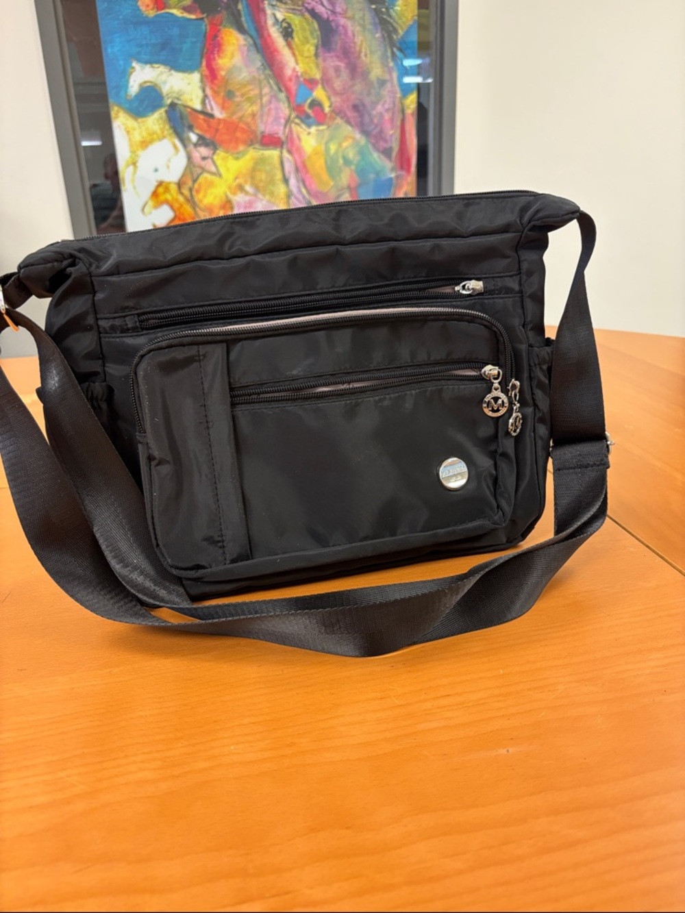 Black Nylon Crossbody Messenger Bag with Silver Accents
